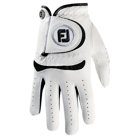 A white golf glove sits upright showcasing its padded palm and finger openings it is designed for grip and comfort during golfing in an outdoor sports environment.