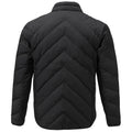 A black puffer jacket features a chevron quilted pattern with a straight collar and long sleeves displaying a smooth exterior while positioned against a plain background.