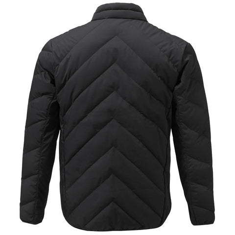 A black puffer jacket features a chevron quilted pattern with a straight collar and long sleeves displaying a smooth exterior while positioned against a plain background.