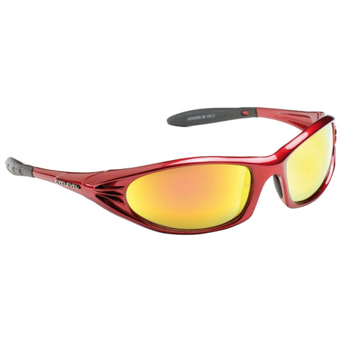 Sunglasses with a shiny red frame and reflective yellow lenses rest at an angle the design features sleek lines and a sporty aesthetic suitable for outdoor activities or fashion.