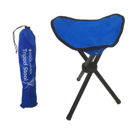 A blue tripod stool stands upright with a fabric seat supported by three black legs while a matching blue carrying bag rests beside it displaying the text Rock River Tripod Stool.