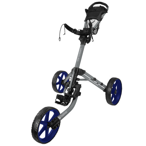 A golf push cart with three large wheels is positioned upright showcasing a gray frame with blue accents and a mesh storage basket near the handle, designed for maneuvering on courses.