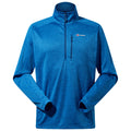 A blue long-sleeve pullover features a high collar and a half-length zipper the texture appears soft and casual suitable for outdoor activities or layering in cool weather.