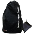 A black travel cover stands upright with a drawstring top while a smaller matching pouch sits beside it showcasing practicality and convenience for protection during travel. Trolley Travel Cover is written in white on the side.