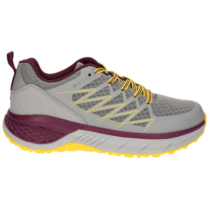 A gray athletic shoe with yellow laces and maroon accents is displayed standing on a white background showcasing its design and texture, suitable for outdoor activities.