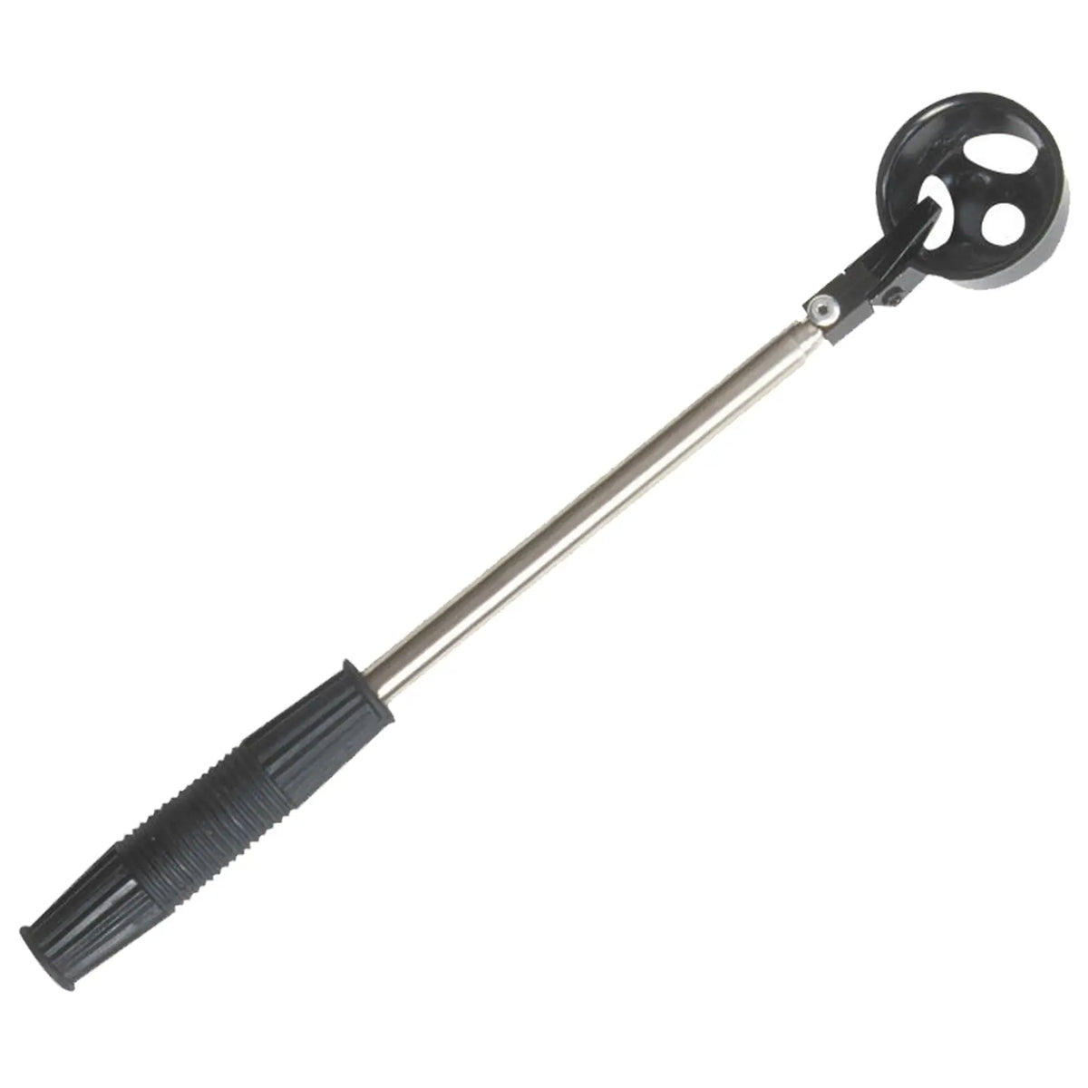 A long metallic stick with a black grip and a circular, three-holed end is positioned upright. It appears to be a tool likely used for golf ball retrieval.