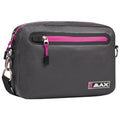 A gray messenger bag features a pink zippered pocket on the front and an adjustable shoulder strap. It is designed for carrying personal items comfortably.