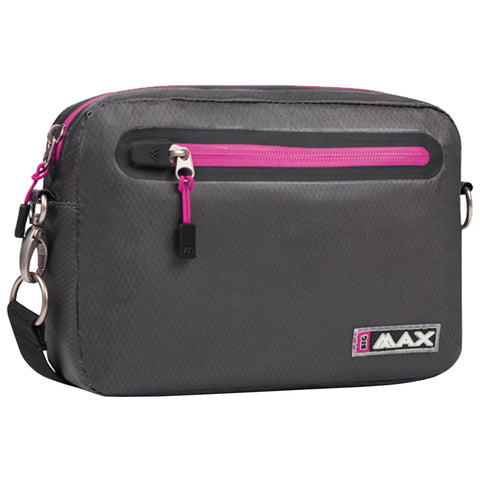 A gray messenger bag features a pink zippered pocket on the front and an adjustable shoulder strap. It is designed for carrying personal items comfortably.