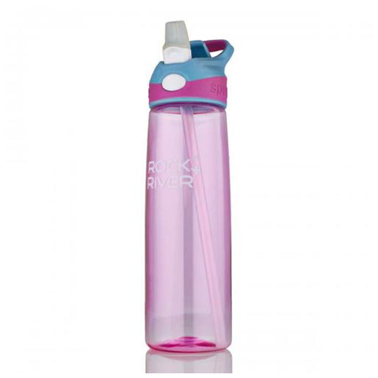 A pink transparent water bottle stands upright with a blue lid featuring a flip-top spout and a built-in straw labeled ROCK + RIVER situated against a plain white background.