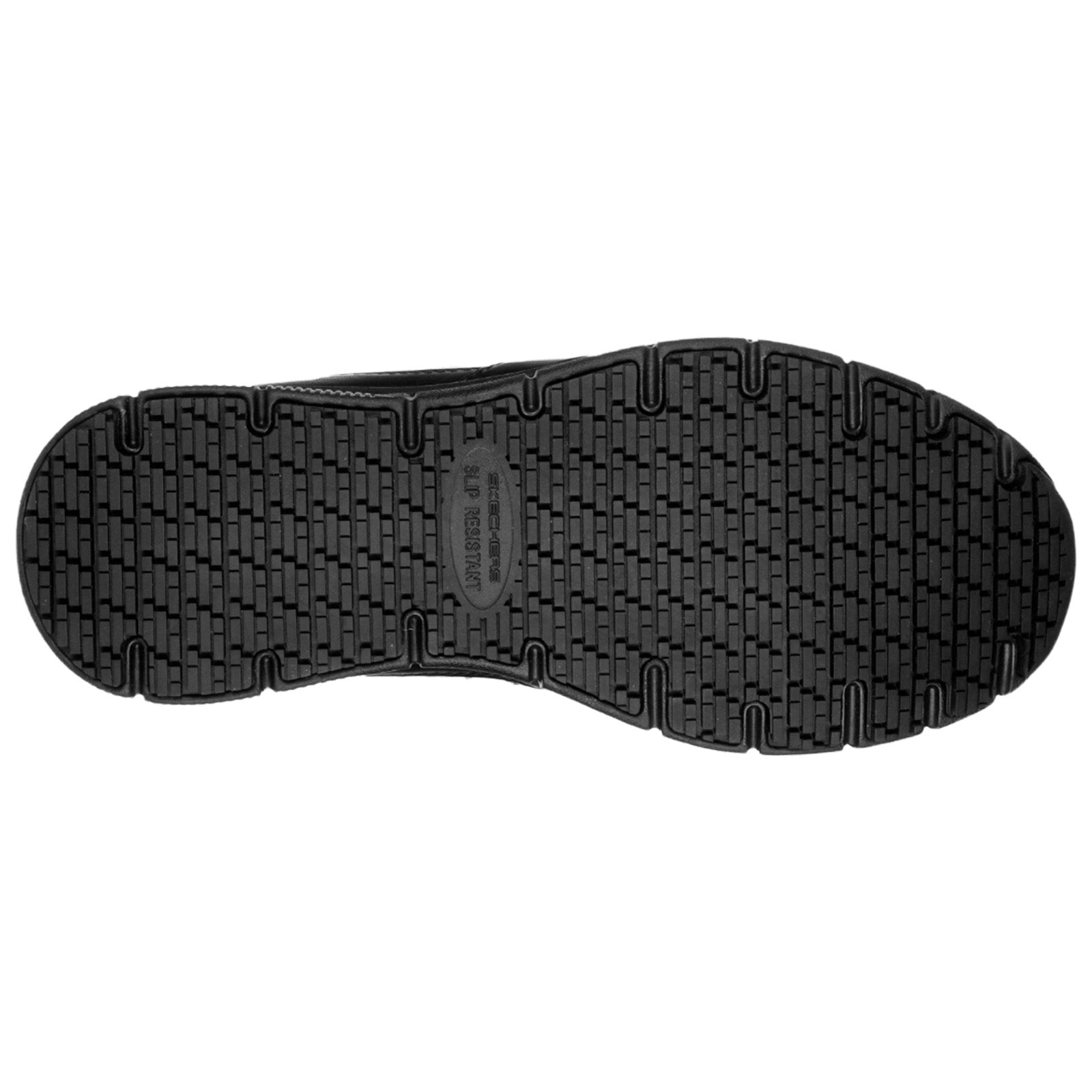 A black shoe sole featuring a textured rubber pattern designed for traction and slip resistance is presented against a plain background indicating it is suitable for various surfaces and conditions