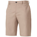 Tan shorts with a button closure are displayed prominently. The fabric appears smooth and structured, suitable for casual wear or outdoor activities. The background is plain, focusing on the shorts.