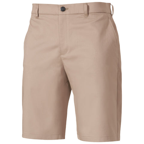 Tan shorts with a button closure are displayed prominently. The fabric appears smooth and structured, suitable for casual wear or outdoor activities. The background is plain, focusing on the shorts.