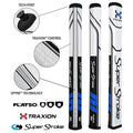Golf putter grips are displayed with labels describing features like Tech-Port Traxion Control and Spyne Technology showcasing different designs and textures against a white and black background.