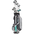 A gray and black golf bag stands upright displaying several clubs with metallic heads and sleek designs. It is set against a plain background, emphasizing the bag's features and organization.