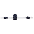 A mechanical component consists of a long metal shaft with two black spherical joints at each end and a central black housing connecting them indicative of a drive shaft assembly used in vehicles.