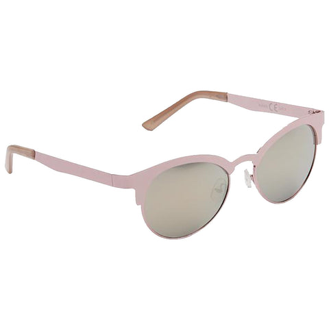 A pair of pink sunglasses rests on a flat surface with reflective lenses and a sleek design. The thin frames connect with a tan-colored detail on the temples.