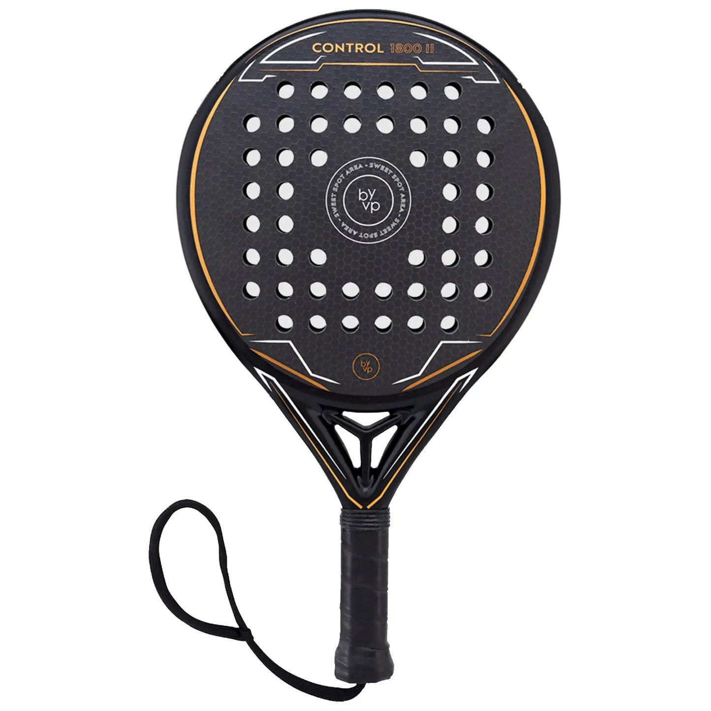 A padel racket with a round shape features a textured black surface dotted with holes and an orange outline alongside a black grip and wrist strap designed for controlled play in sports contexts.