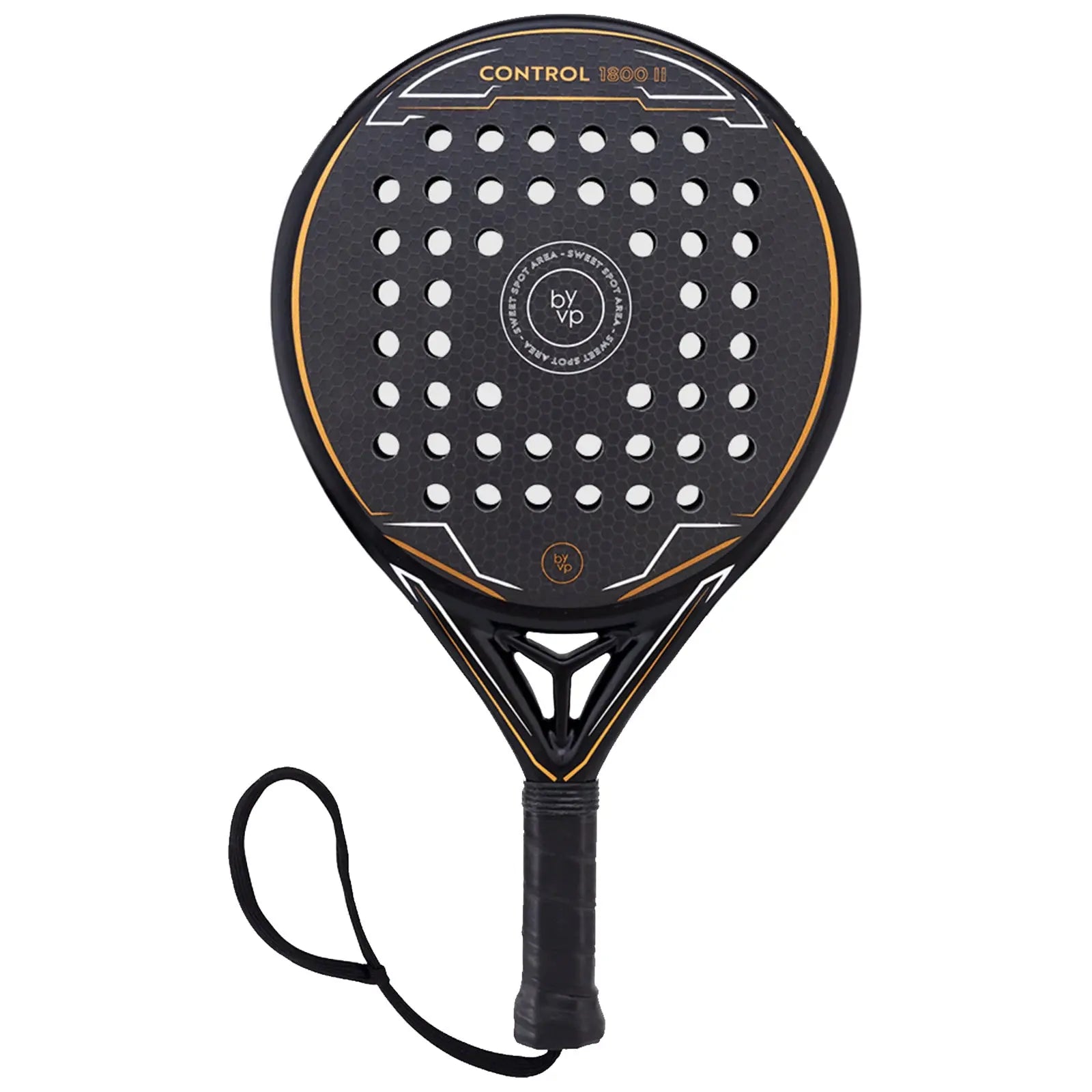 A padel racket with a round shape features a textured black surface dotted with holes and an orange outline alongside a black grip and wrist strap designed for controlled play in sports contexts.
