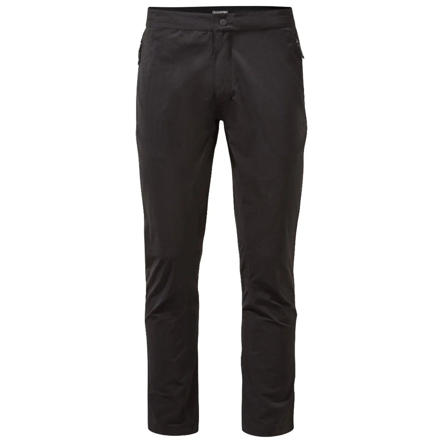 Black trousers stand upright displaying a sleek design with a button fastening and side pockets set against a plain white background