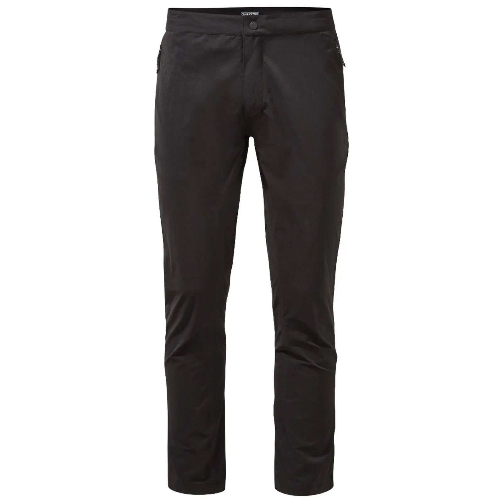 Black trousers stand upright displaying a sleek design with a button fastening and side pockets set against a plain white background
