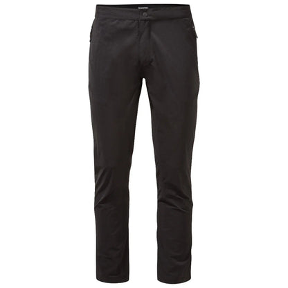 Black trousers stand upright displaying a sleek design with a button fastening and side pockets set against a plain white background