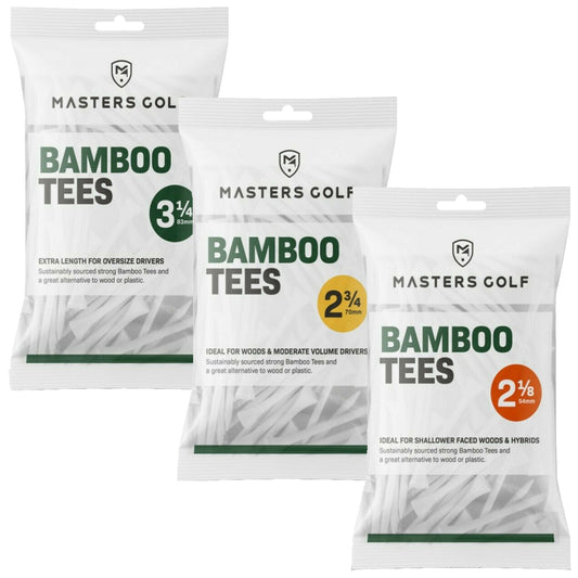 Three packages of bamboo golf tees are displayed with varying lengths of 3¼ inches 2¾ inches and 2⅛ inches indicating their use for different types of golf clubs and promoting sustainability.