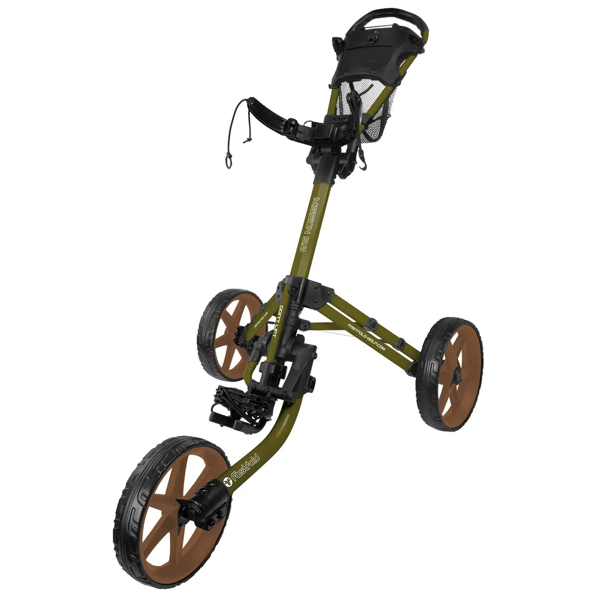 A golf push cart stands upright featuring a green frame with large brown wheels The cart has a handle and mesh storage for holding items while navigating a golf course