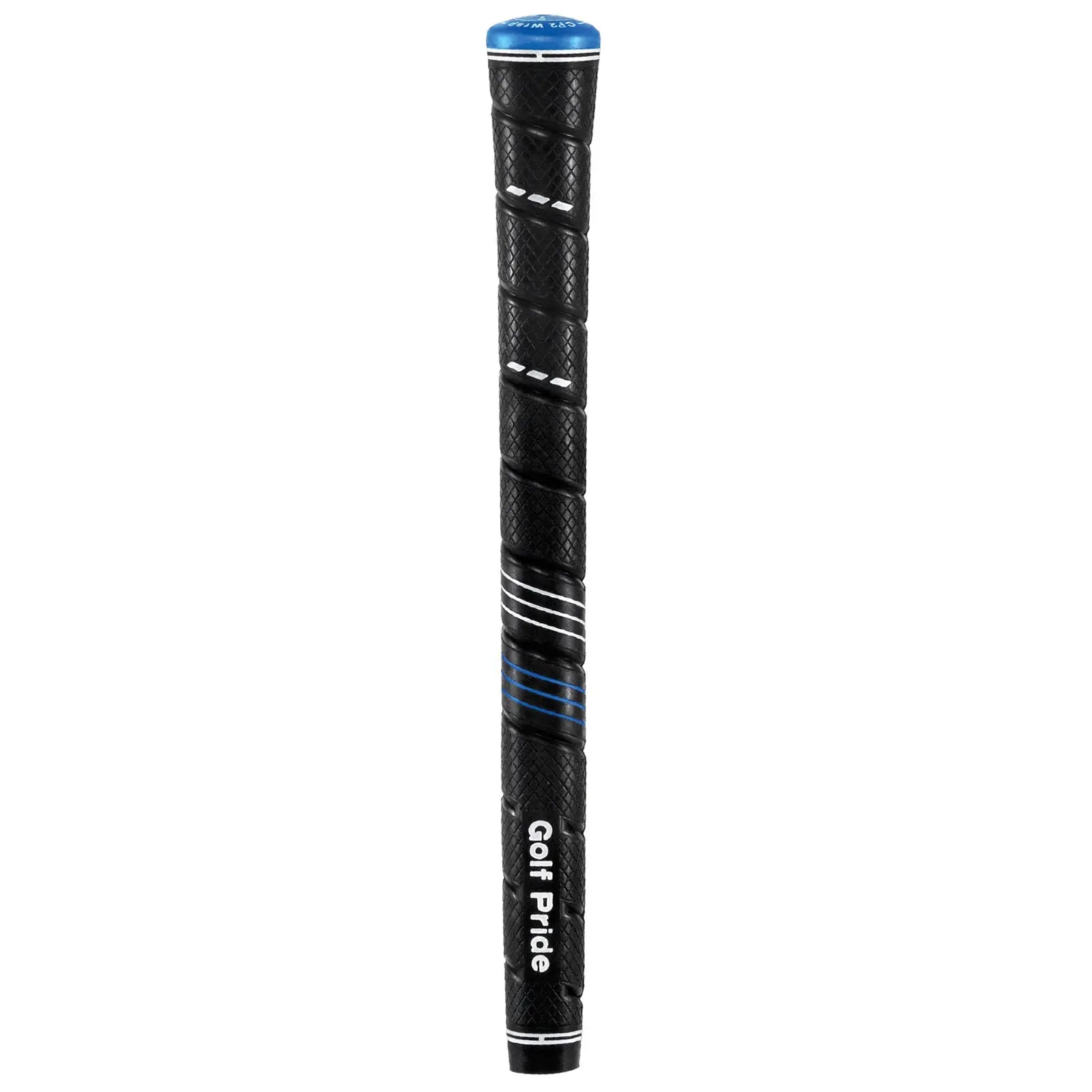 A black golf club grip with textured surface design supports golfers in maintaining a solid hold while playing in various outdoor environments featuring the brand name Golf Pride and blue accents