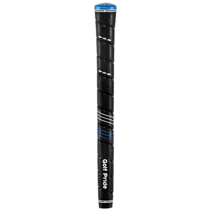 A black golf club grip with textured surface design supports golfers in maintaining a solid hold while playing in various outdoor environments featuring the brand name Golf Pride and blue accents
