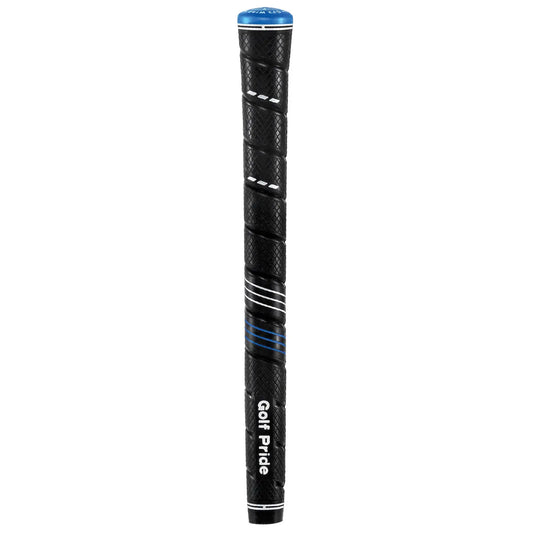 A black golf club grip with textured surface design supports golfers in maintaining a solid hold while playing in various outdoor environments featuring the brand name Golf Pride and blue accents