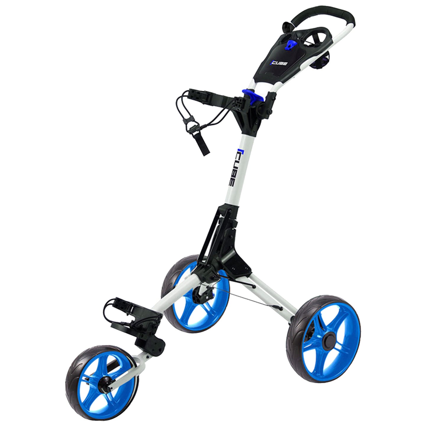 A folded stroller features black and blue components with large blue wheels and a compact design showcasing a handle and seat area ideal for storage or transportation.