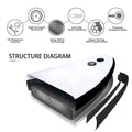 A sleek object with a white and black design showcases a structure diagram featuring a ridged interior and controls on top amidst several labeled features relating to its construction and durability. Text includes STRUCTURE DIAGRAM and descriptive features such as UV Resistant Coating High-Strength Structure Drop-Stitch Technology Anti-Slip Outer Material Super Strong EPA Construction Premium Pressure Valve.
