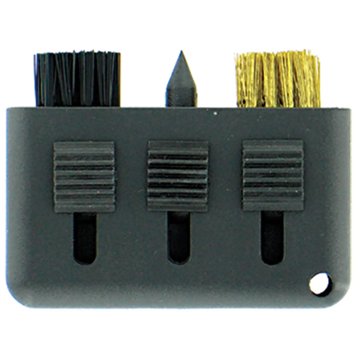 A small black cleaning tool features three brushes of different materials positioned alongside a pointed applicator, suitable for cleaning intricate surfaces or items in various environments.
