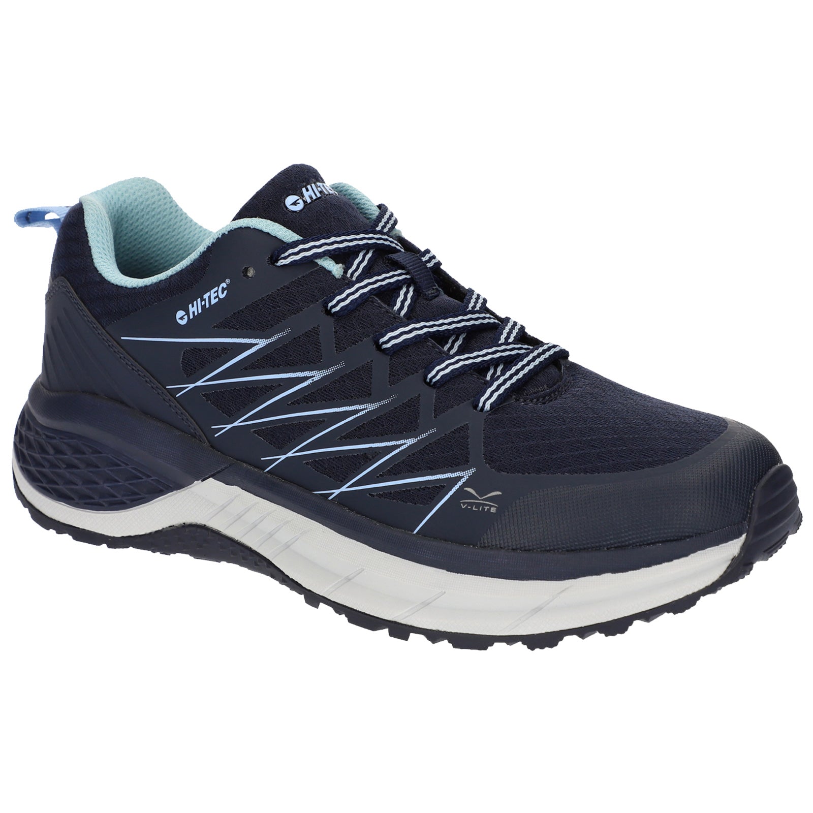 A dark blue athletic shoe is positioned upright with visible laces and a cushioned sole it is designed for outdoor activities set against a plain white background.