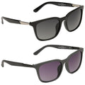 Two pairs of black sunglasses are displayed side by side with one pair featuring dark lenses and the other with a gradient from dark to light grey lenses set against a neutral background.