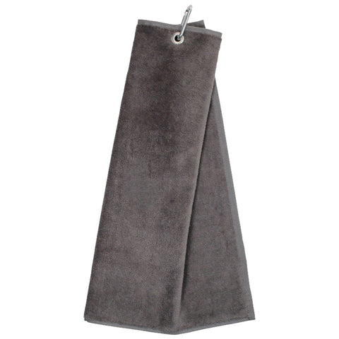 A gray towel hangs from a metal ring attached to its corner in a neutral setting suggesting use in a bathroom or kitchen environment. The towel is soft and absorbent.