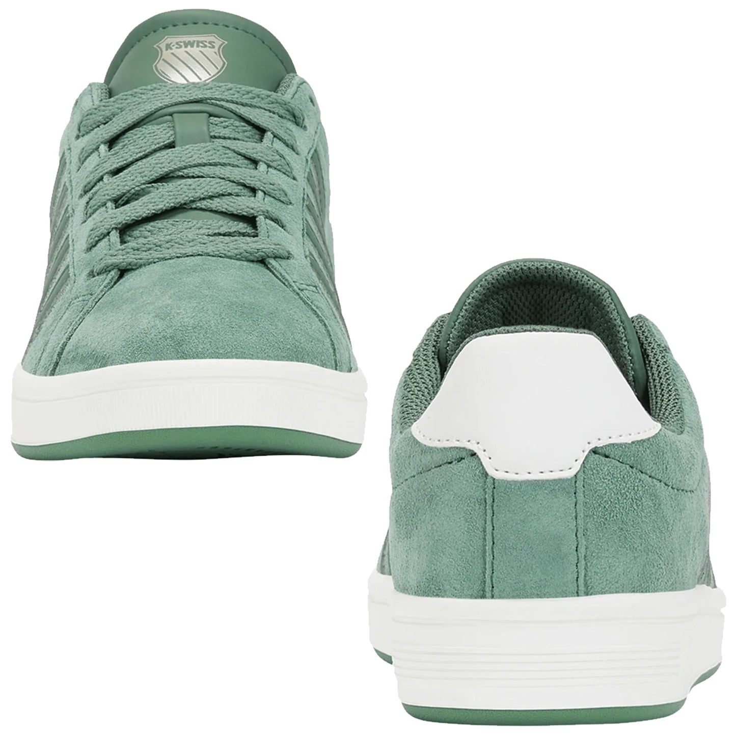 Green suede sneakers are positioned side by side showcasing their textured surface and white soles highlighting their athletic design suitable for casual wear.