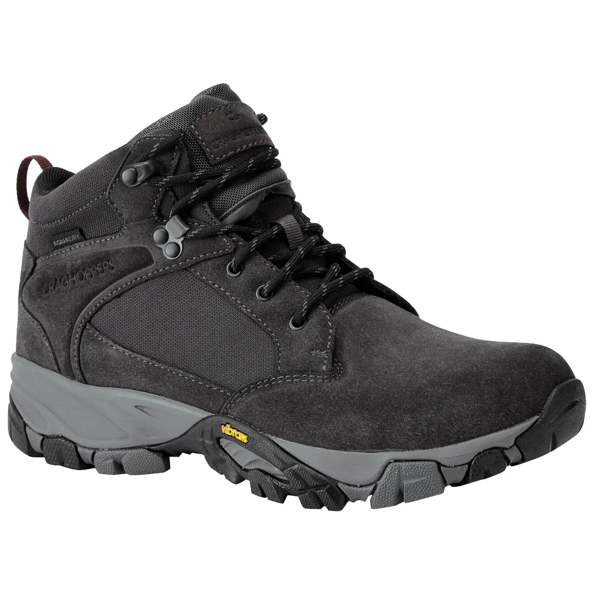 A black hiking boot features a sturdy design with a textured upper and lace-up closure. It stands alone on a plain background, suggesting outdoor utility and comfort.