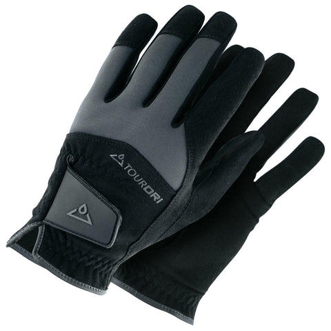 Black and gray gloves are displayed with fingers slightly spread suggesting readiness for use designed for grip and protection in an outdoor or sports context. The brand logo is visible on the wrist area.
