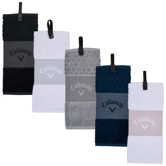 A set of five golf towels hangs vertically each featuring different colors and textures with branded logos prominently displayed the towels are designed for practical use in sports activities