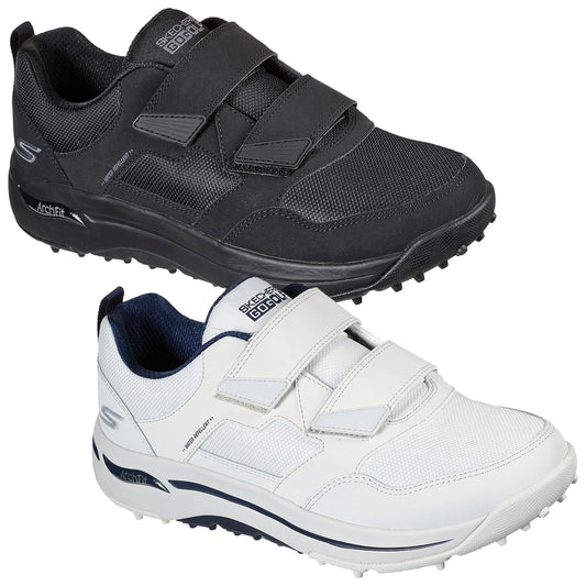 Two pairs of athletic shoes are displayed one black and one white with Velcro straps positioned above each other showing sporty designs and textured soles suitable for various activities