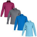 Four long-sleeve pullover shirts in varying colors of dark pink gray blue and light blue are displayed side by side showcasing a collared design ideal for casual wear or layering.