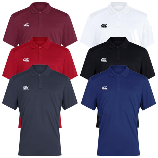 A collection of six polo shirts in various colors including maroon white black dark gray and navy with a logo on the left chest area displayed on a neutral background