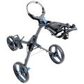 A golf push cart features three wheels and a handle for steering equipped with a platform for holding golf bags in a lightweight and compact design.