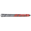 A golf grip in red and gray is lying horizontally with textured patterns for enhanced grip. The branding "Golf Pride" is visible, indicating its intended use for golfing.