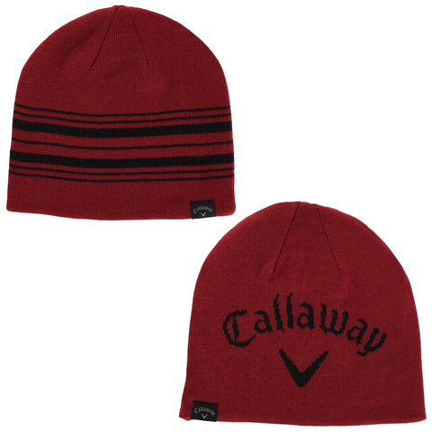 A red beanie hat features black stripes and the brand name "Callaway" prominently displayed. It is designed to provide warmth and style in cold weather settings.