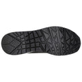 A black athletic shoe sole is viewed from below showcasing its textured surface and tread pattern designed for grip and stability on various terrains.