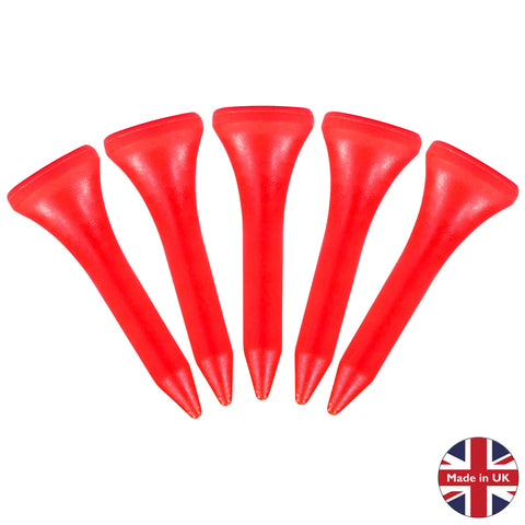 Five red golf tees with a tapered design are positioned upright in a row against a plain background indicating their use for supporting golf balls during play. Made in UK
