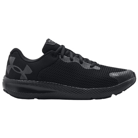Under Armour Mens Charged Pursuit 2 Big Logo Trainers 3024138 Black athletic shoe designed with a mesh upper for breathability featuring laces for a secure fit placed against a plain white background showcasing its sleek design and functionality