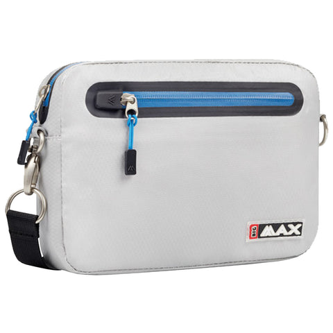 A rectangular white crossbody bag with a blue zippered pocket and black accents is resting on a flat surface showcasing its adjustable strap and branding.